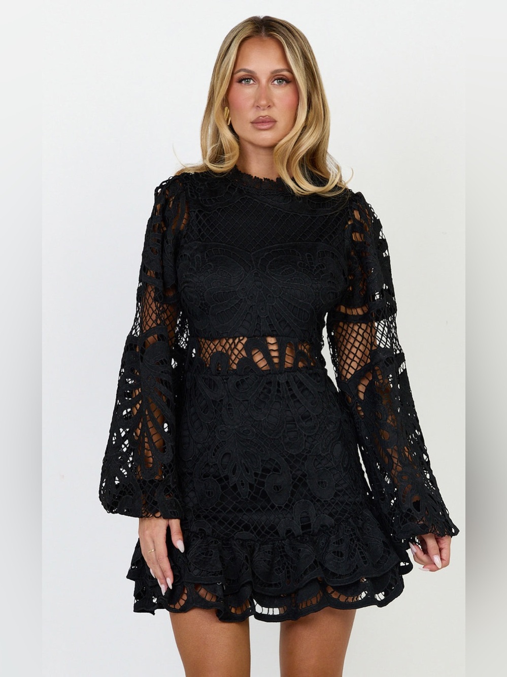 SHOWPO.  Kiss Me Now Black Mini Dress Lace Long-Sleeve Mini Peasant US SZ 4